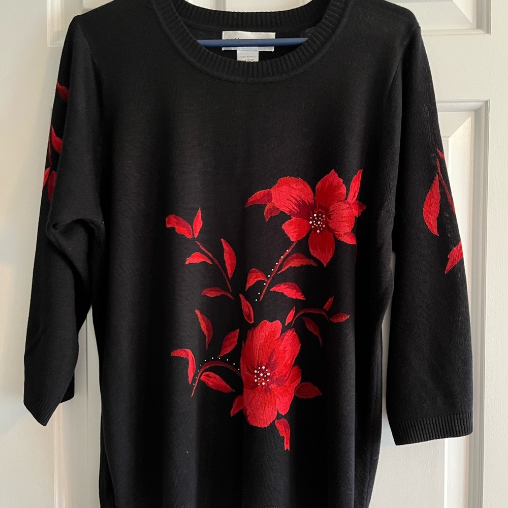 Beautiful black sweater with red flowers and rhinestones